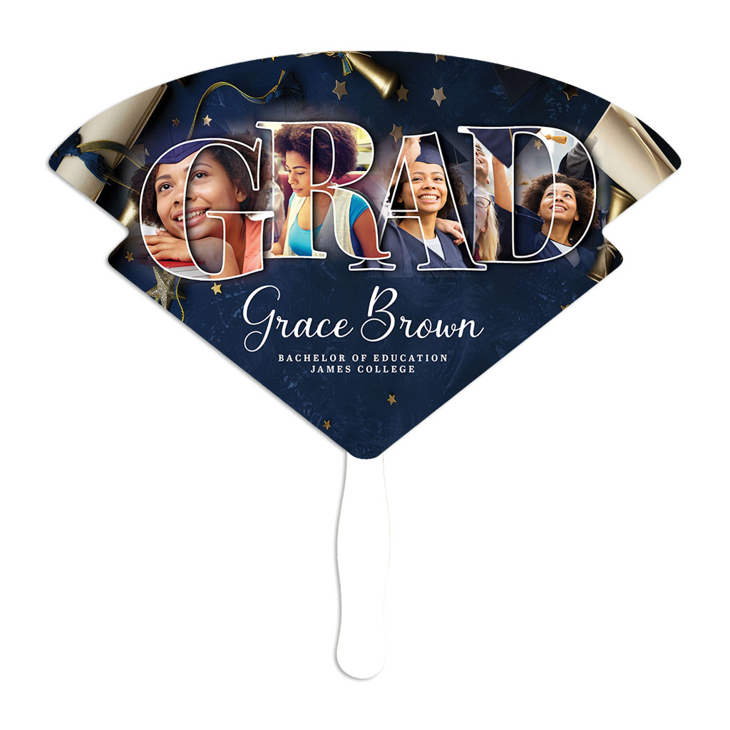 custom graduation face fan with wedge shape and plastic stick