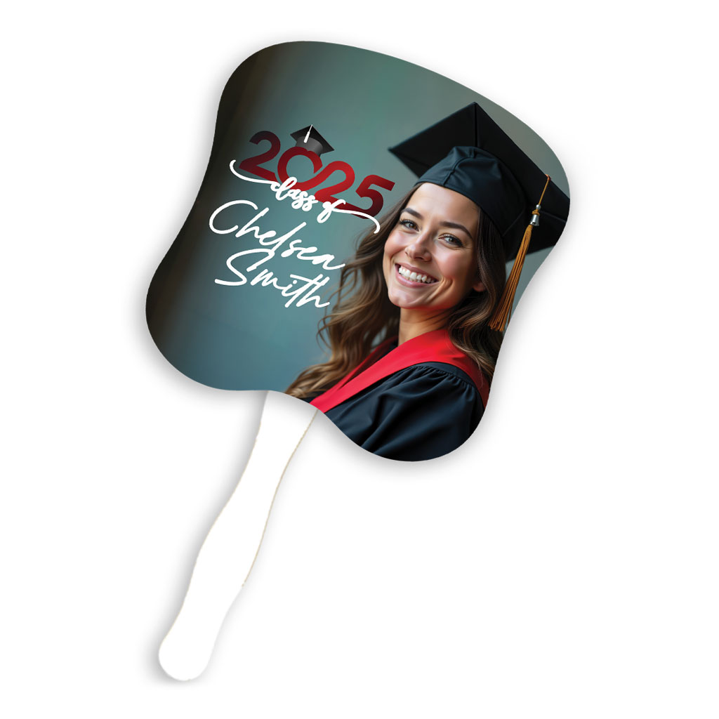 custom graduation hand fans with traditional hourglass shape and plastic stick